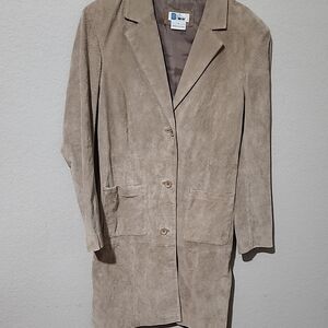 B Lucid Trench Coat Womens Size S long coat Beige Pig Split Leather Jacket